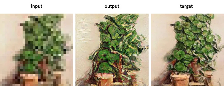 Input, output, and target panels of a potted plant, from blocky pixels to a painterly reconstruction to the original painting.