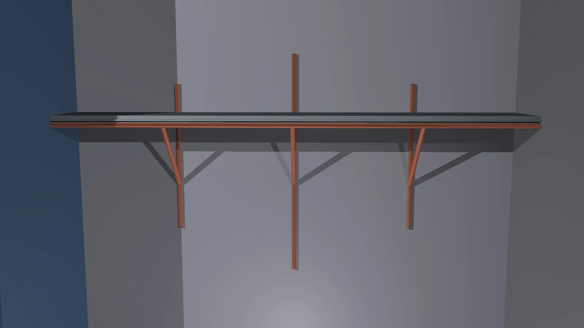 3D render of a long shelf on a grey wall, held up by three copper pipe pillars, the middle one taller than the two either side.