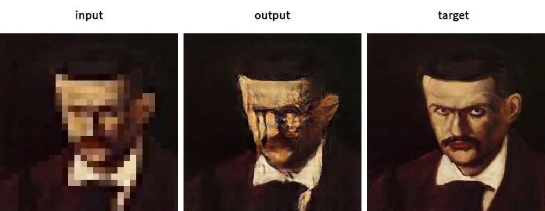Input, output, and target panels of a portrait of a moustached man, the output's face smeared and distorted.