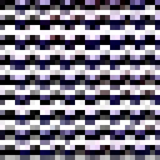 A coarse grid of black, white, and lilac pixels arranged in rough horizontal rows.