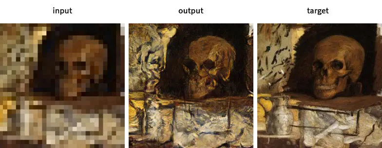Input, output, and target panels of a still life with a skull on a shelf.