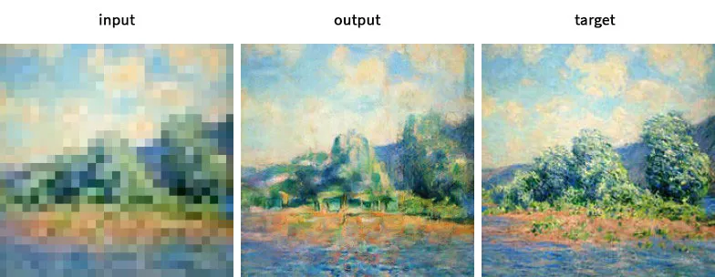 Input, output, and target panels of a sunlit landscape with trees under a cloudy blue sky.