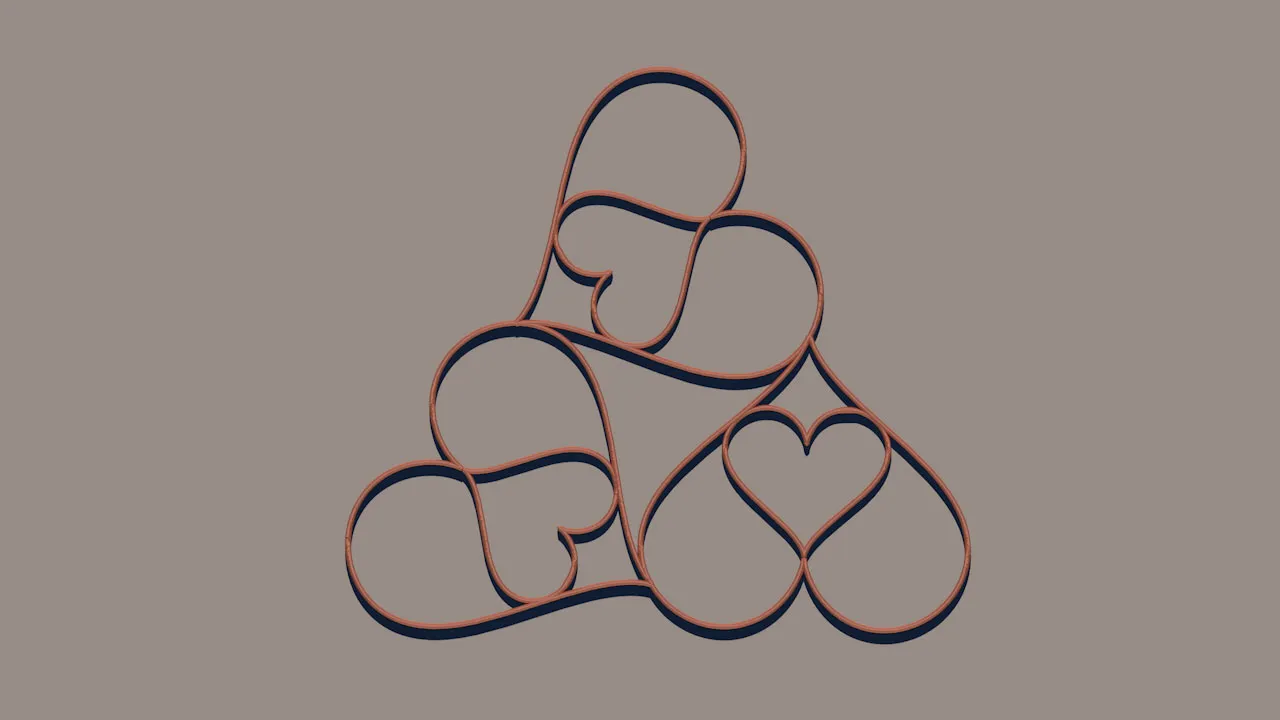 A render of three double-hearts arranged in a triangle with rotational symmetry.