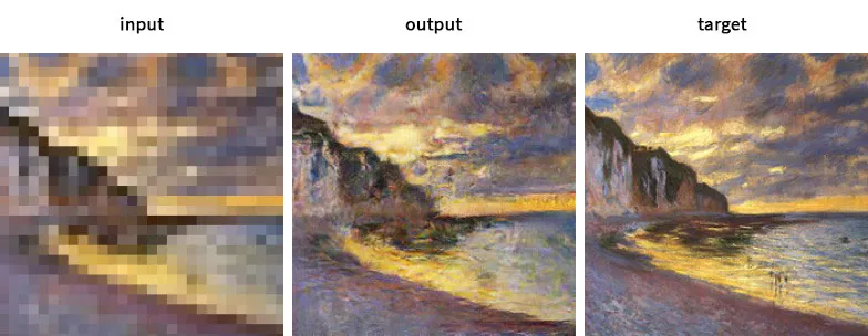 Input, output, and target panels of cliffs along a beach under a golden evening sky.