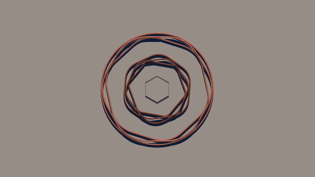 A render of wavy copper rings around a small grey hexagon.