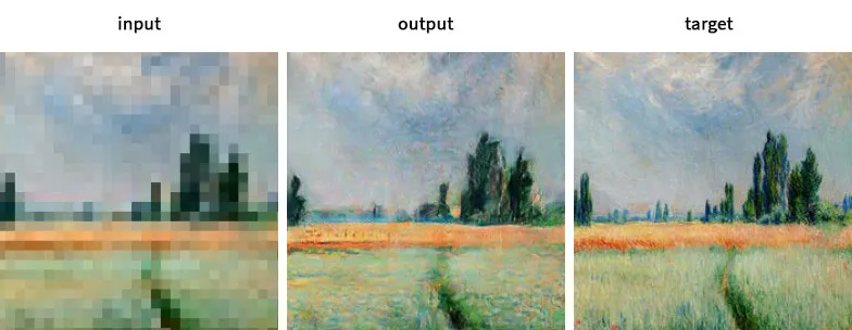 Input, output, and target panels of a field of red flowers with tall trees on the horizon.