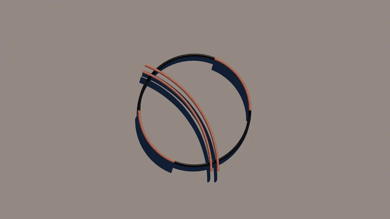 A render of a ring made of copper and black segments, crossed by two parallel copper arcs.