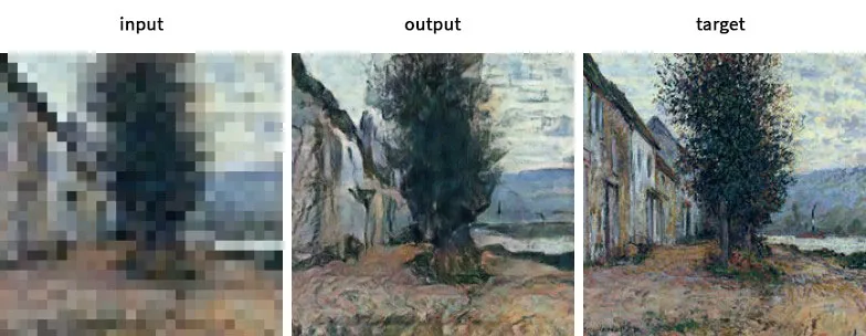 Input, output, and target panels of a tall tree beside a row of houses on a riverside path.
