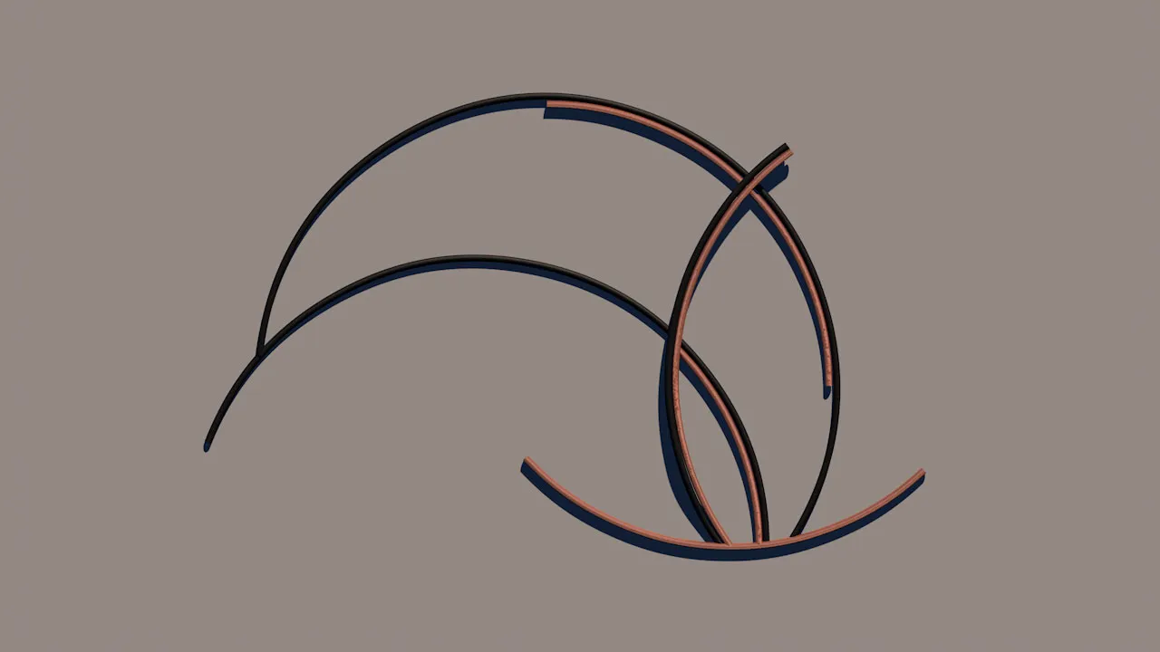A render of large overlapping arcs in black and copper, casting long shadows.