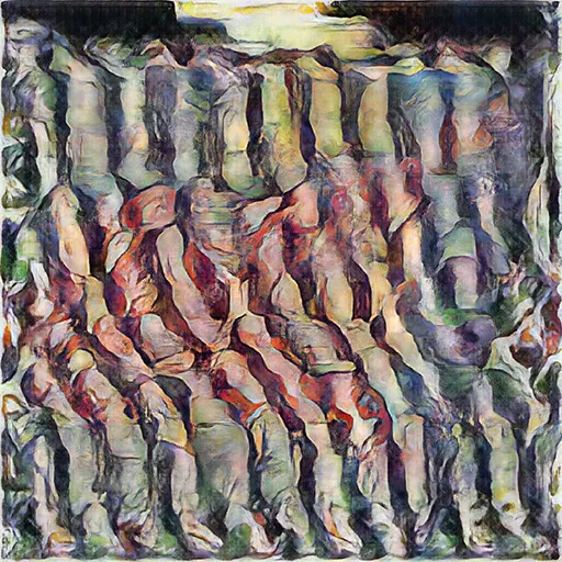 Rock-like grey columns and folded pink shapes with more defined edges and green tints.