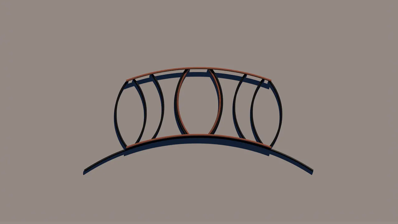 A render of a curved band of lens-shaped loops in black and copper, sitting on a long black arc.