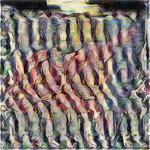 Detailed rock-like columns in grey, green, and pink with dark outlines throughout.