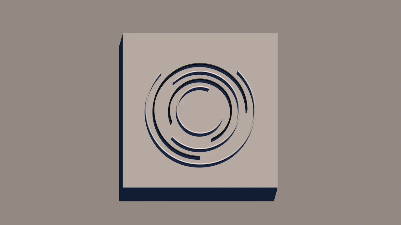 A render of broken concentric arcs cut into a raised pale square panel.