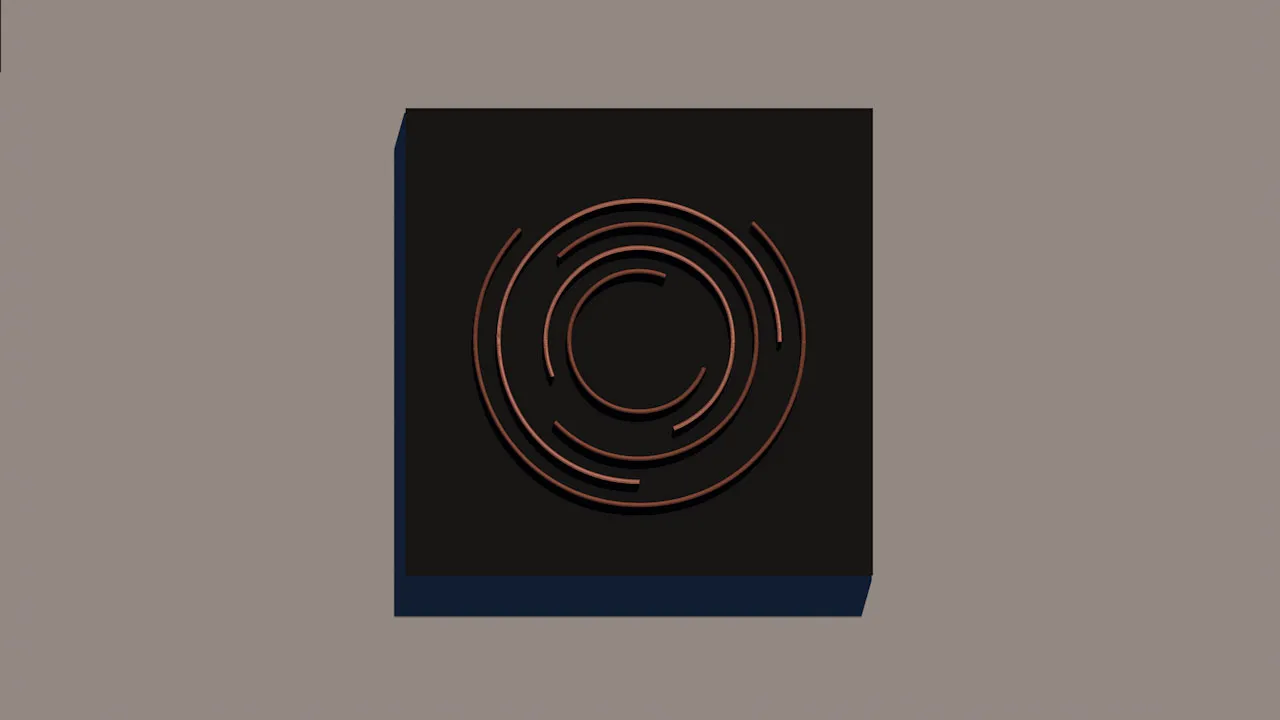 A render of broken concentric copper arcs on a raised black square panel.