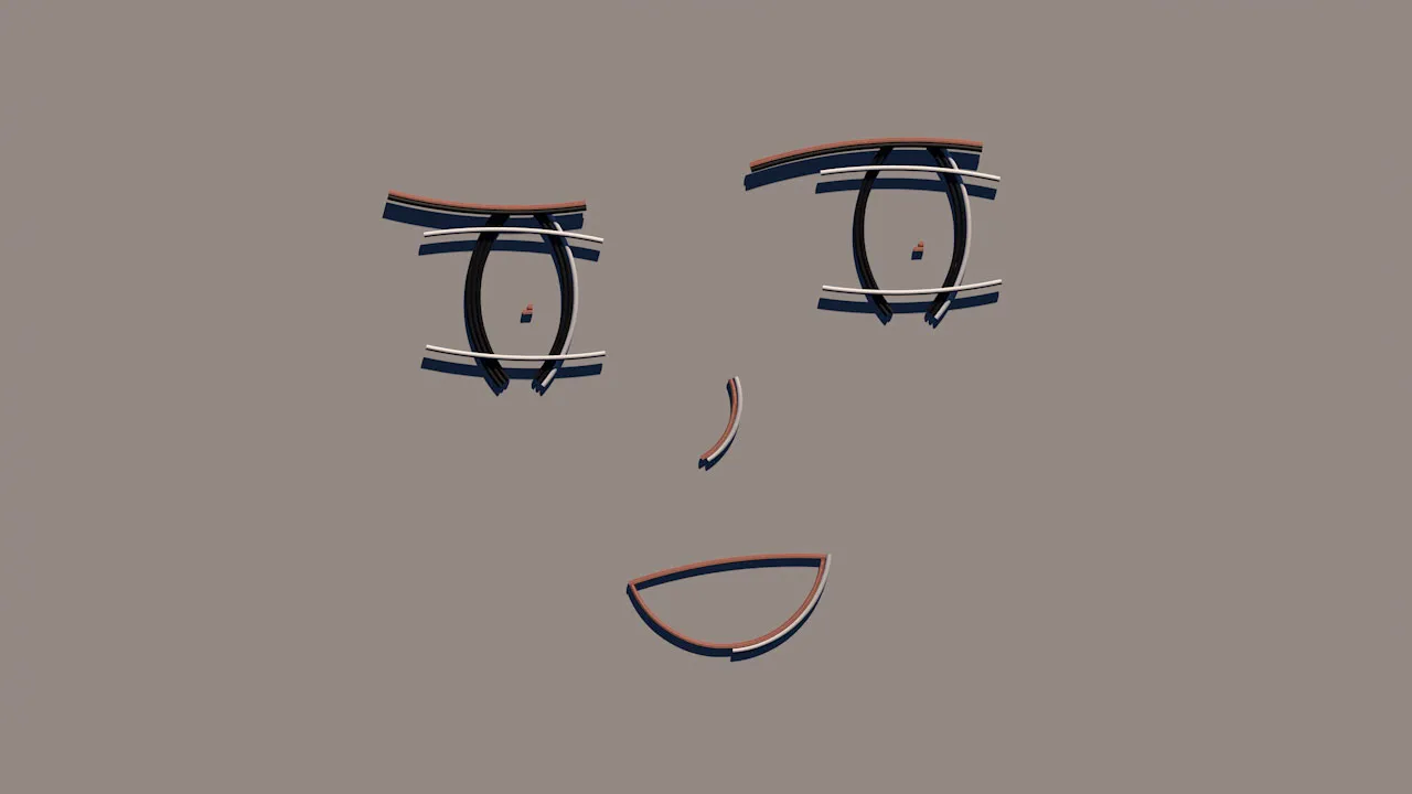 A render of a simple face made of arcs: two eyes with brows, a nose, and an open smile.