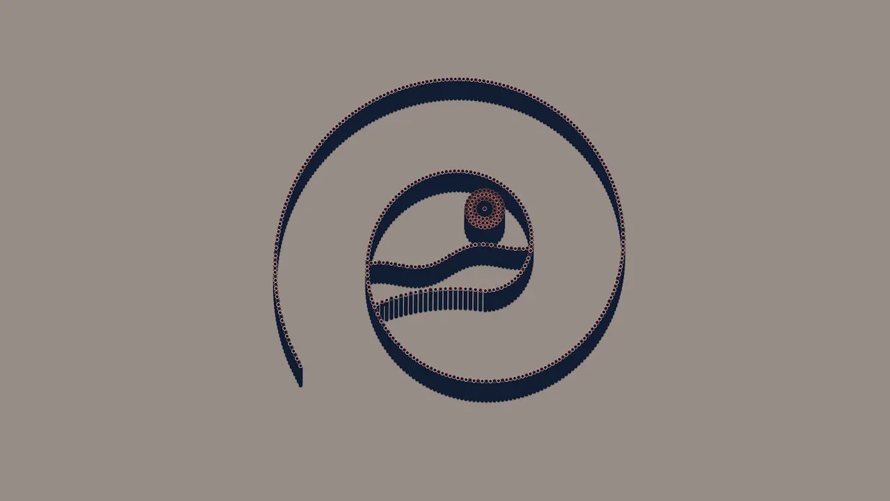 A render of a spiral with a coiled snake inside it, drawn as a chain of small copper rings.