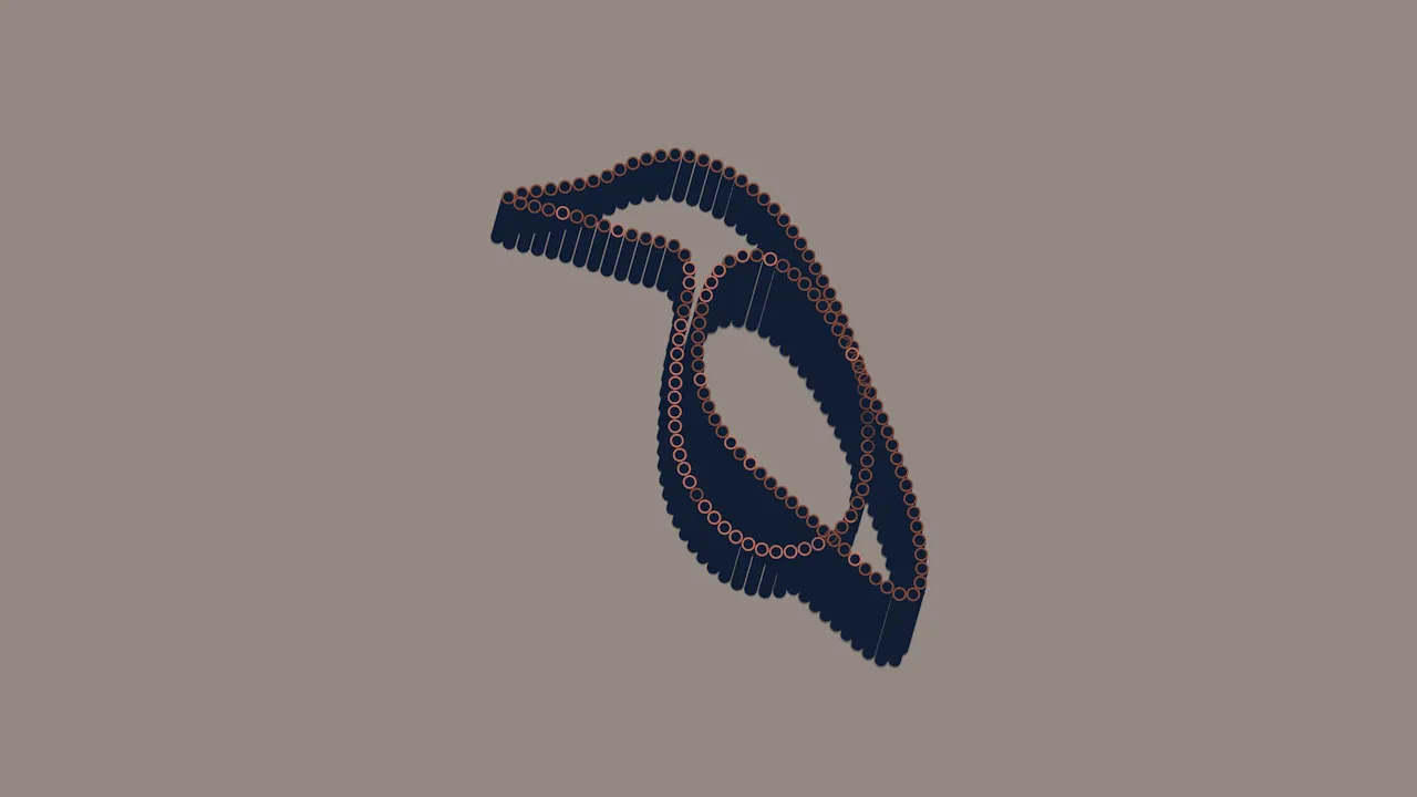 A render of a penguin outline drawn as a chain of small copper rings.