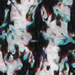 The white, black, and cyan pixels reimagined as smooth, swirling white shapes against black.