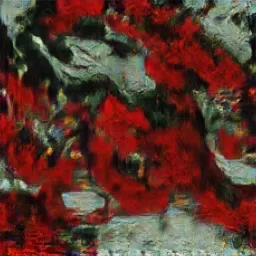 The red, black, and grey pixels reimagined as soft, painterly red blooms over pale rock-like forms.