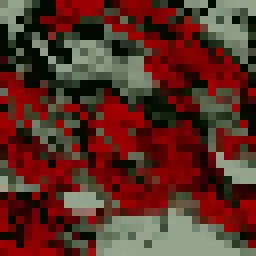 Blocky pixels of red, black, and pale grey.