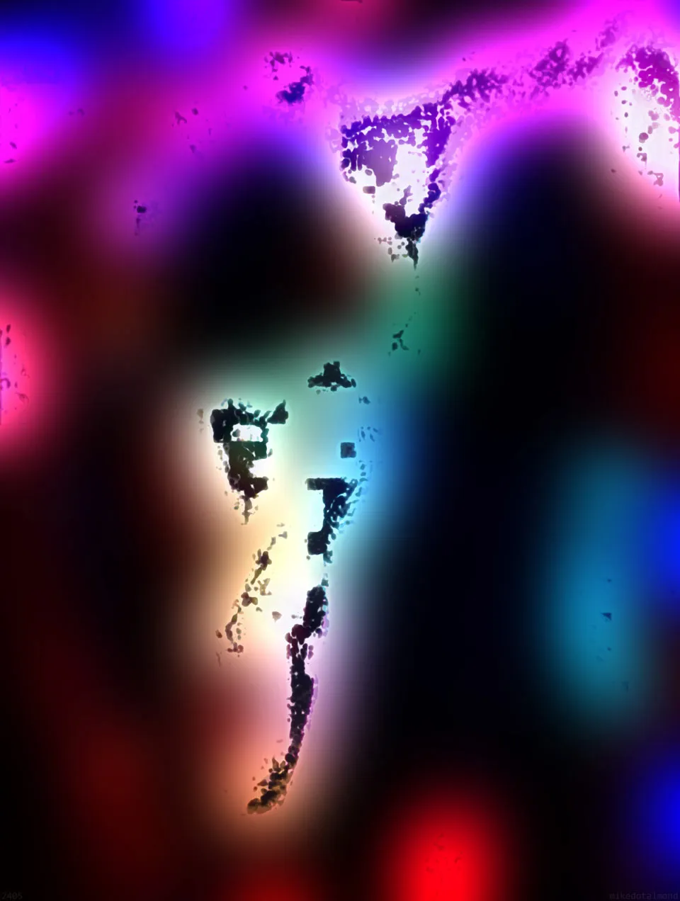 Soft glowing pools of magenta, blue, green, and red on black, broken by dark speckled marks that suggest a face in profile.