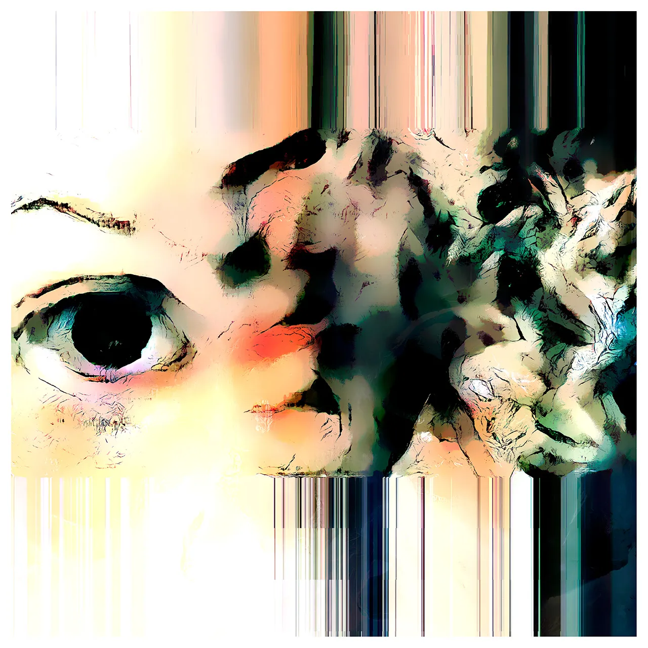 A painterly, generated face with one clear eye on the left dissolving into dark green textures, between bands of vertical glitch streaks.