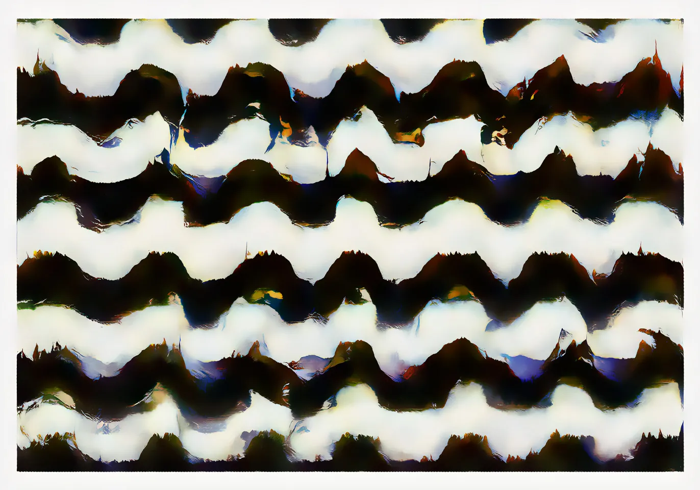 Horizontal bands of creamy white and dark brown undulate across the frame like rows of waves or mountain ridges, flecked with blue, orange, and red.