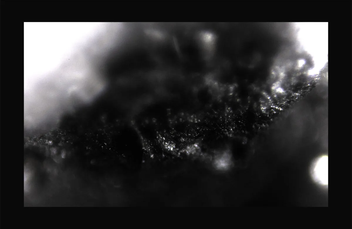 A blurred black and white macro texture with a glittering dark ridge running across it, inside a black border.