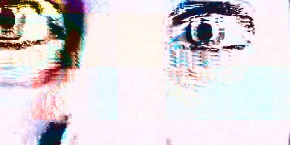 An extreme close-up of two eyes, smeared with pale pink and cyan blocks and streaks of colour.