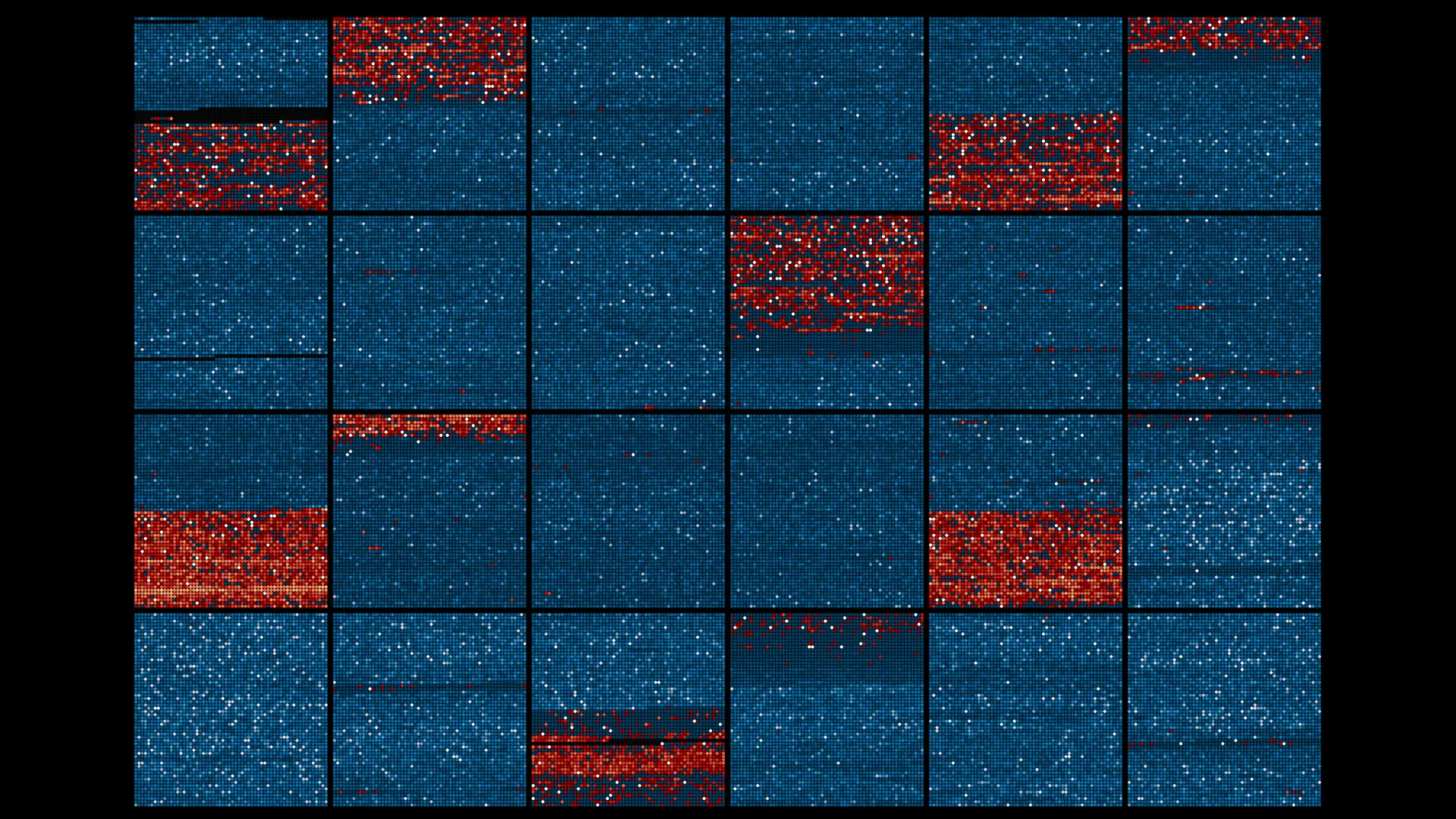 The development tool showing a day of data as a grid of square blue hours, some with bands of red.