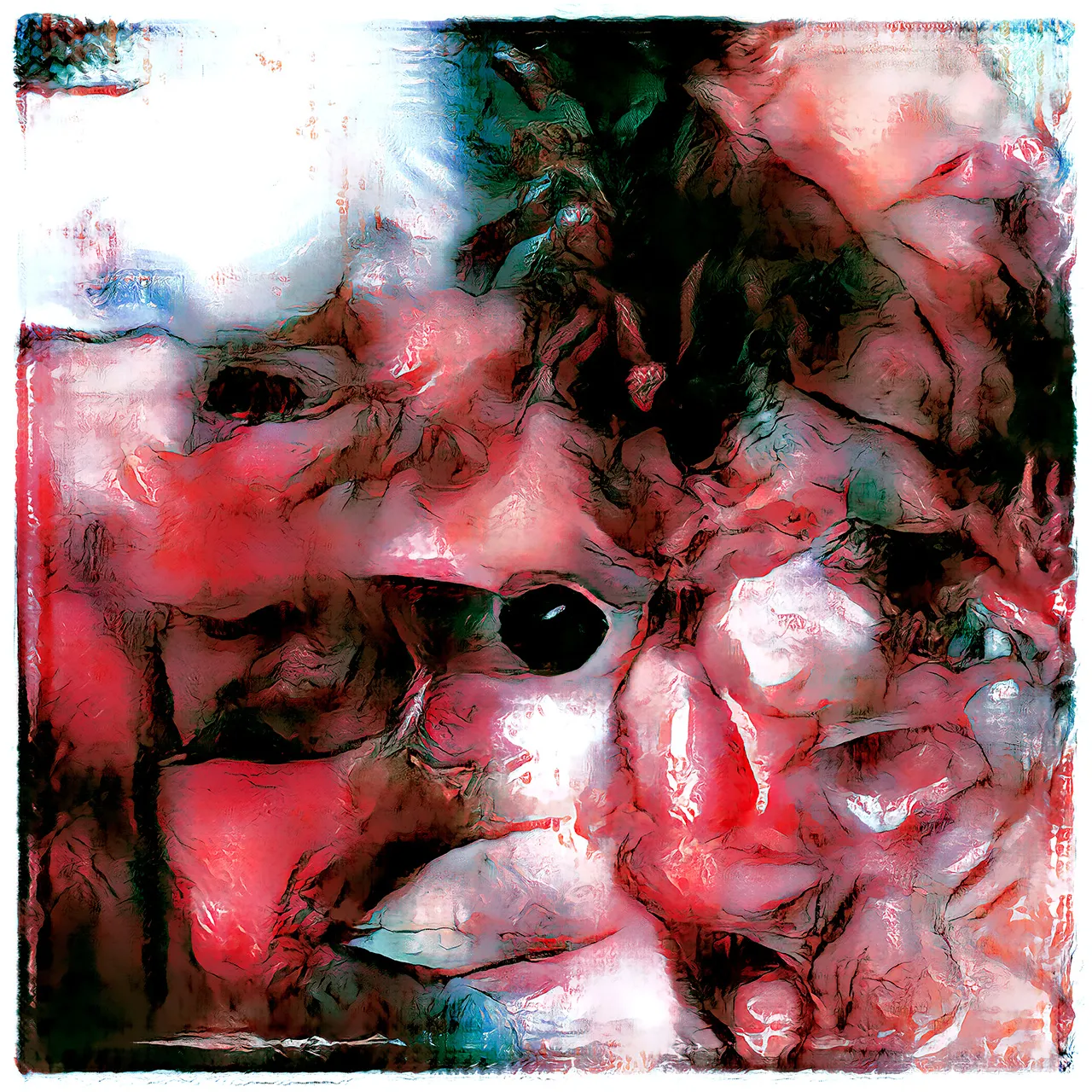 A generated portrait in reds and pinks where several overlapping faces merge, with one dark eye and lips near the centre.