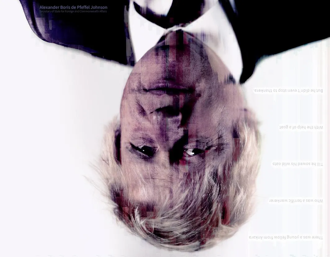 An upside-down, glitch-streaked portrait of Boris Johnson in a dark suit, beside the upside-down lines of a limerick about a young fellow from Ankara.