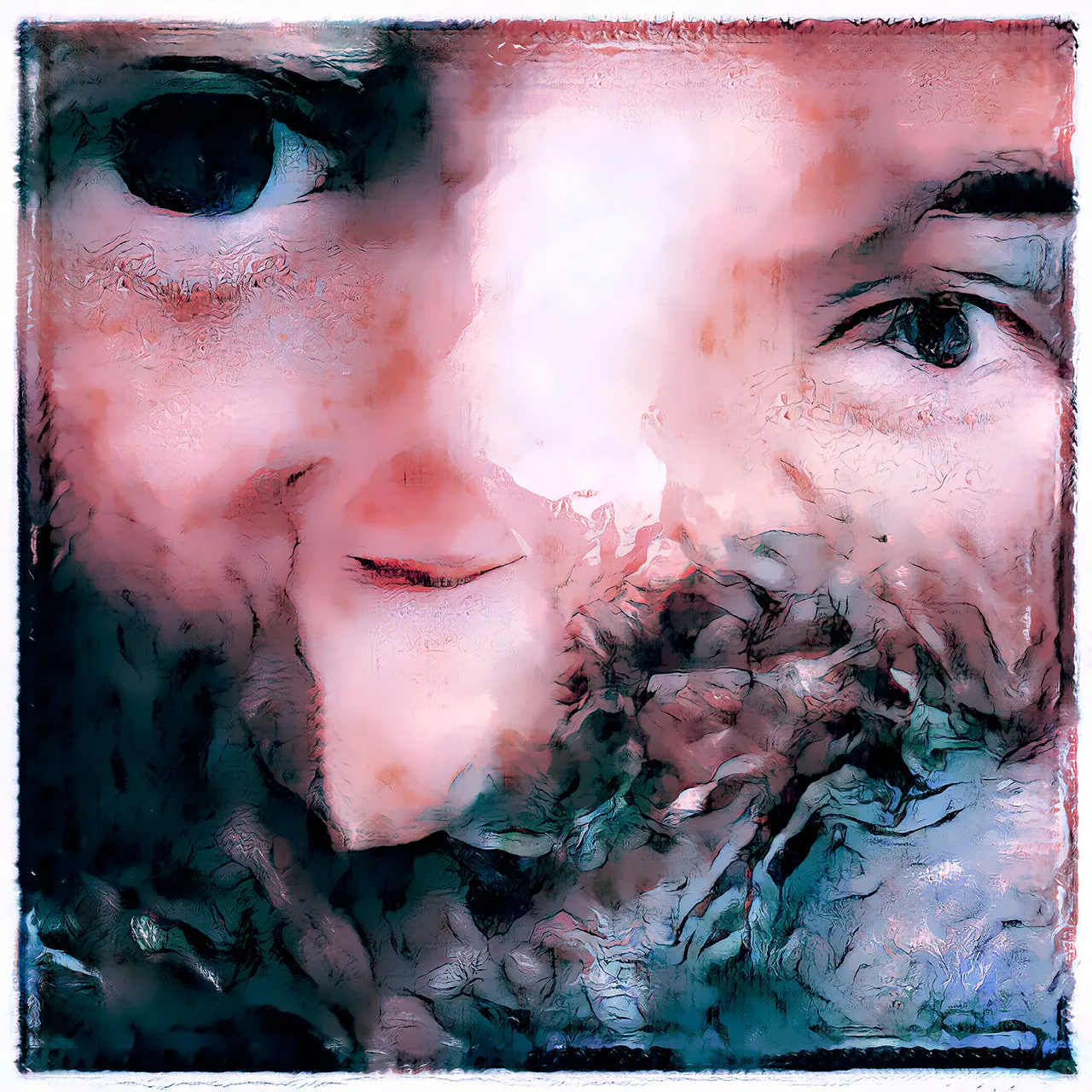A generated close-up in pink and teal blending a woman's smiling face with a bearded man's face.