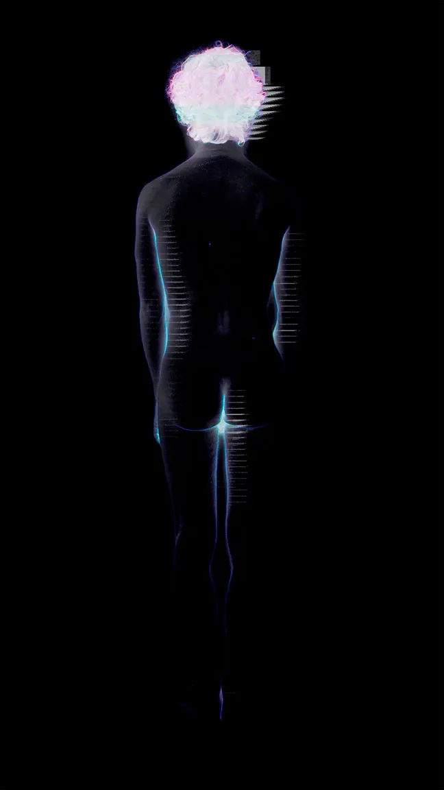 A nude figure seen from behind against black, outlined in faint blue light, with a glowing pink and white glitched head.