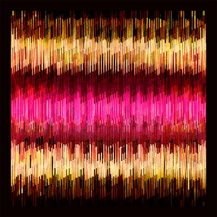 Horizontal bands of fine vertical streaks in pink, magenta, cream, and orange on a black background.