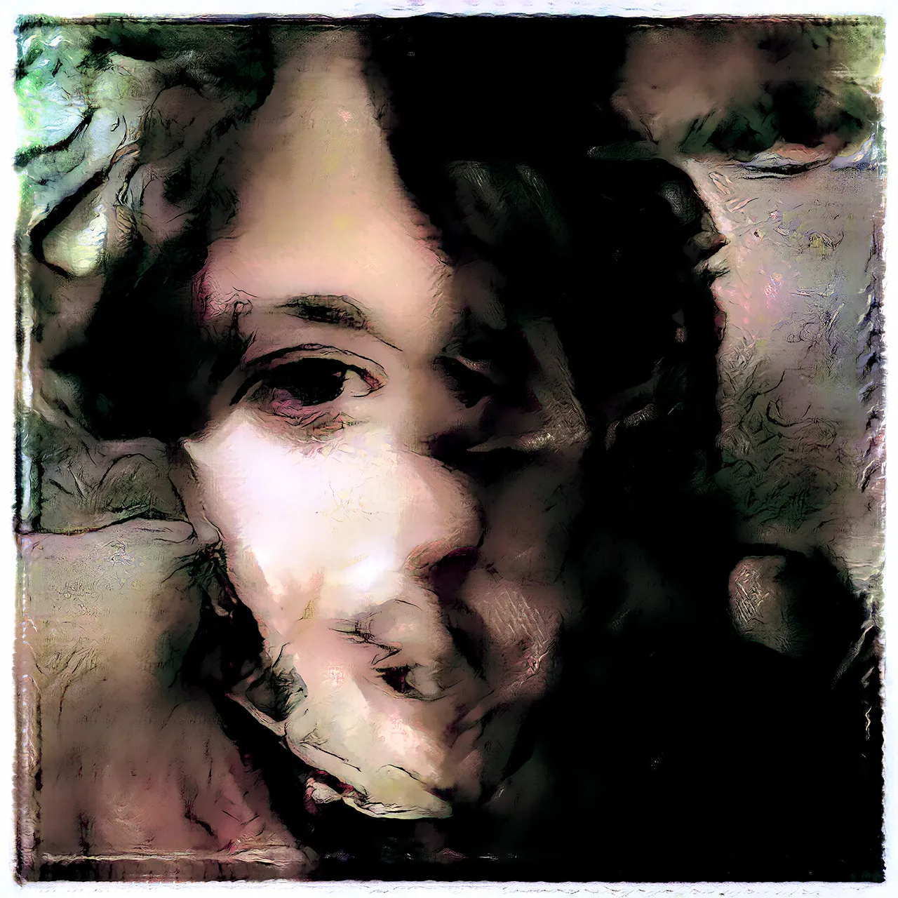 A dark, generated portrait of a face with dark hair, its features folded and doubled.