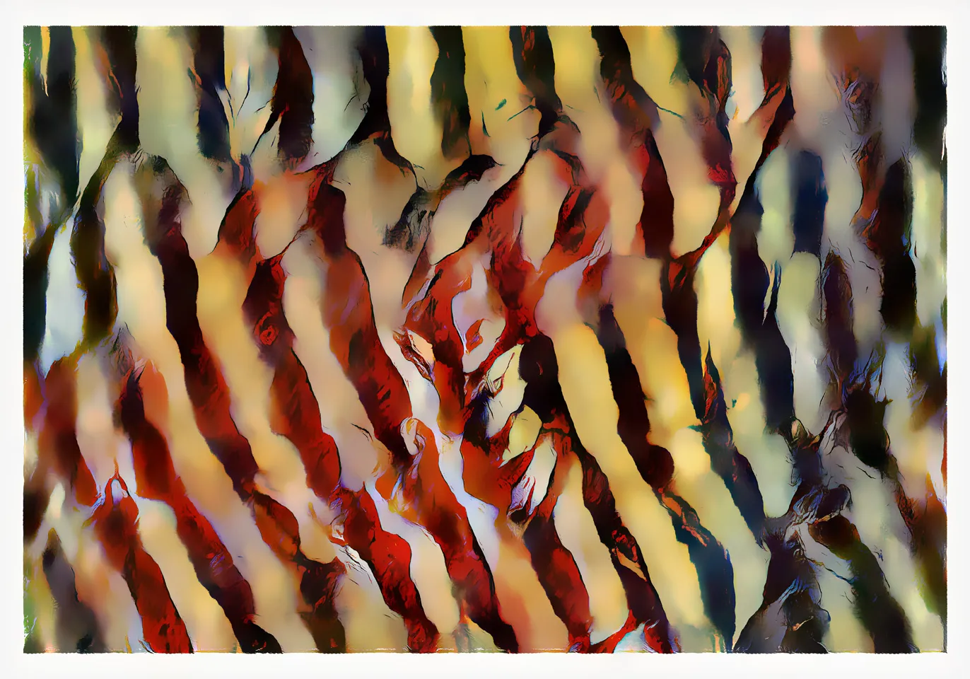 Diagonal streaks of cream, yellow, deep red, and near-black run across the frame like painted fabric or rock strata.