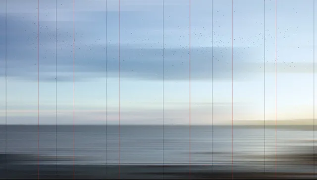 A streaked blue-grey seascape crossed by thin vertical lines, mostly black with a few red.