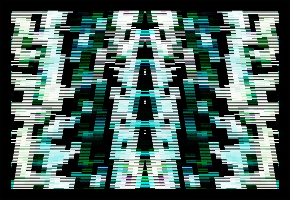 Mirrored columns of pale green and cyan horizontal streaks on black, forming a symmetrical architectural pattern.