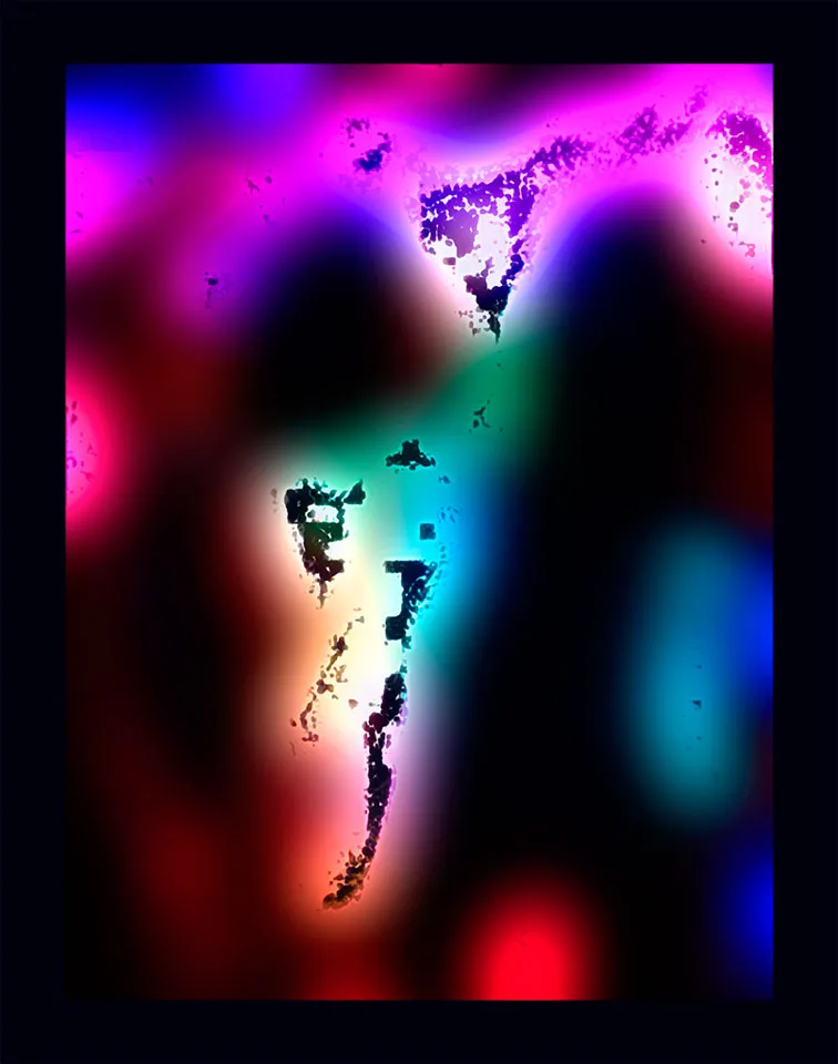 Glowing blurs of pink, blue, green, and red on black, broken by dark speckled shapes that suggest a face.