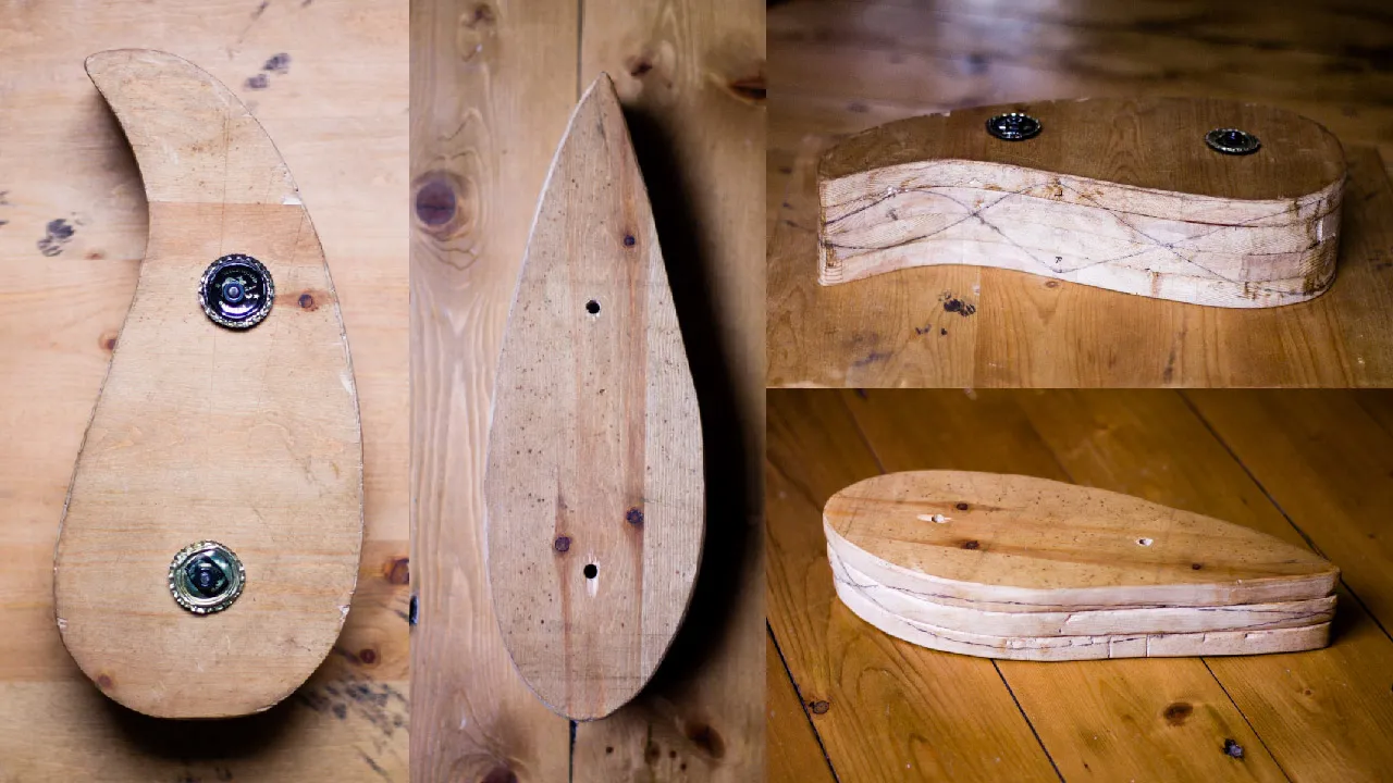 Four views of the layered wooden forms: the body shape fixed to a board with two bottle caps, a teardrop-shaped wing form, and both forms from the side with pencil guide lines around their edges.