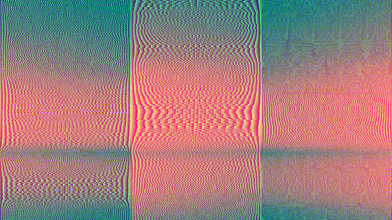 Three tall panels of dense, moiré-like interference patterns in pink, orange, teal, and violet.