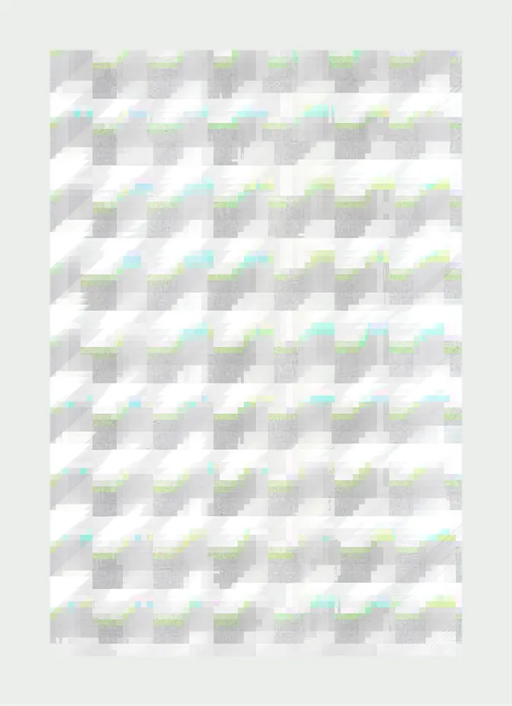 A pale, almost white field of soft grey blocks in staggered rows, with small flecks of lime green and cyan.