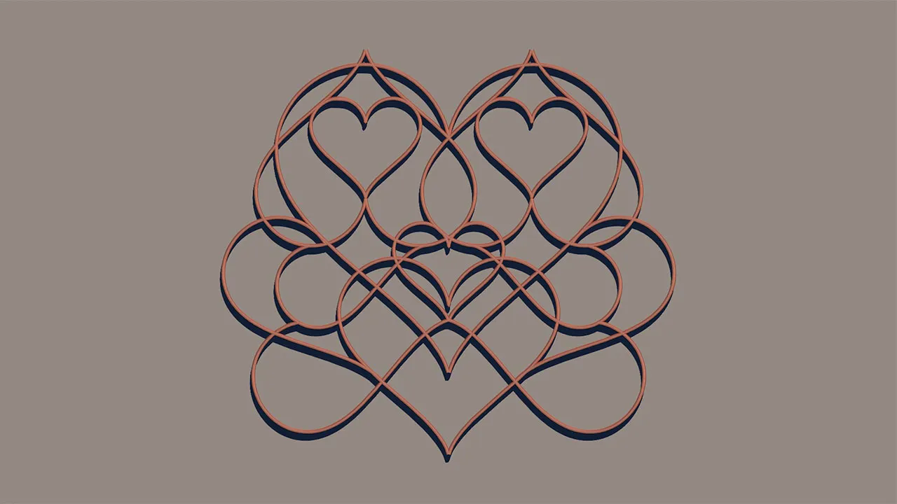 A copper-coloured render of the design on a grey background: two hearts at the top, overlapping loops, and a large heart at the bottom, all built from the same curve.