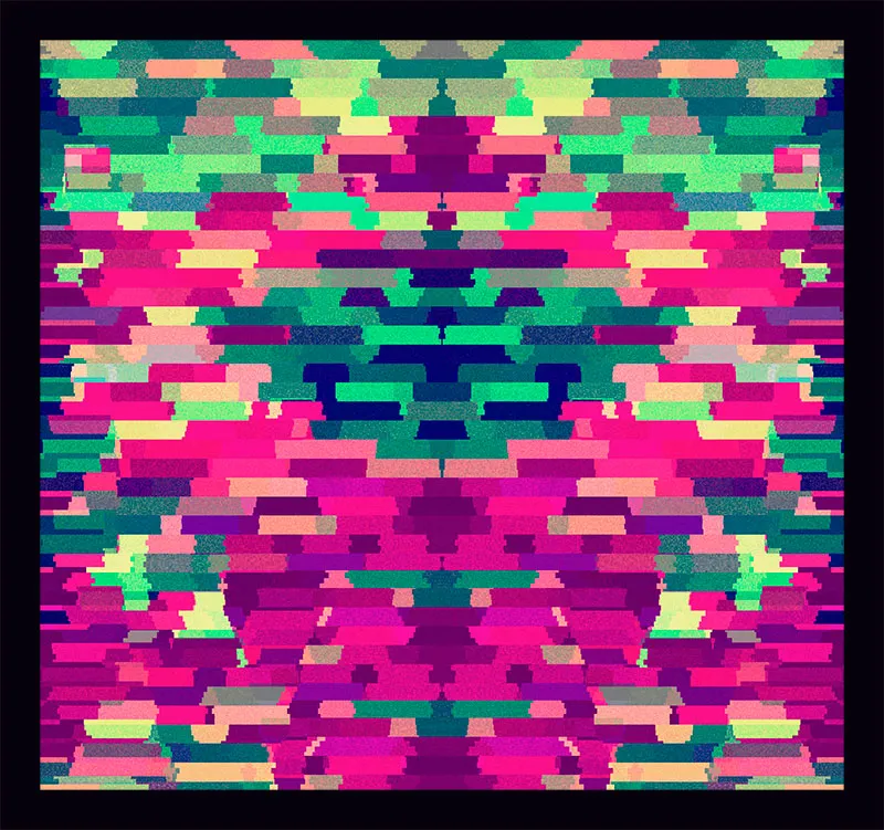 A symmetrical mass of stacked horizontal bars in magenta, pink, teal, and lime green, mirrored left to right.
