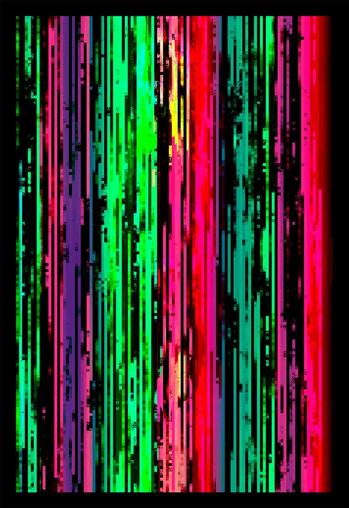 Dense vertical stripes of green, teal, pink, red, and purple on black, made of smeared pixel columns.