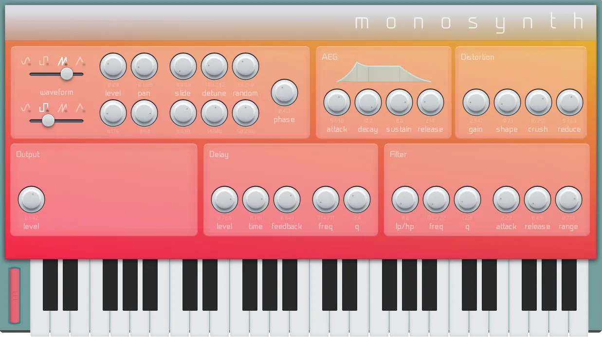 The Monosynth interface: rows of white knobs grouped into oscillator, AEG, Distortion, Output, Delay, and Filter panels on an orange-to-pink gradient, above a piano keyboard.