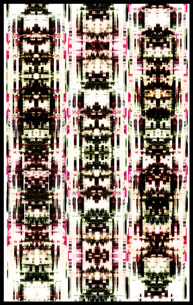 Three tall mirrored columns of blocky dark brown, cream, and pink pixels, each suggesting stacked faces.