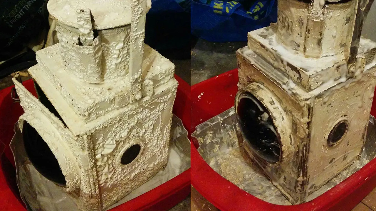 Two views of the lamp standing in a red plastic tub: first covered in bubbled, lifting white paint, then with much of the paint peeled back to dark metal.