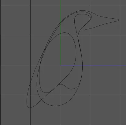 Three thin spline loops forming a penguin profile, drawn over the grid and axes of a 3D modelling viewport.